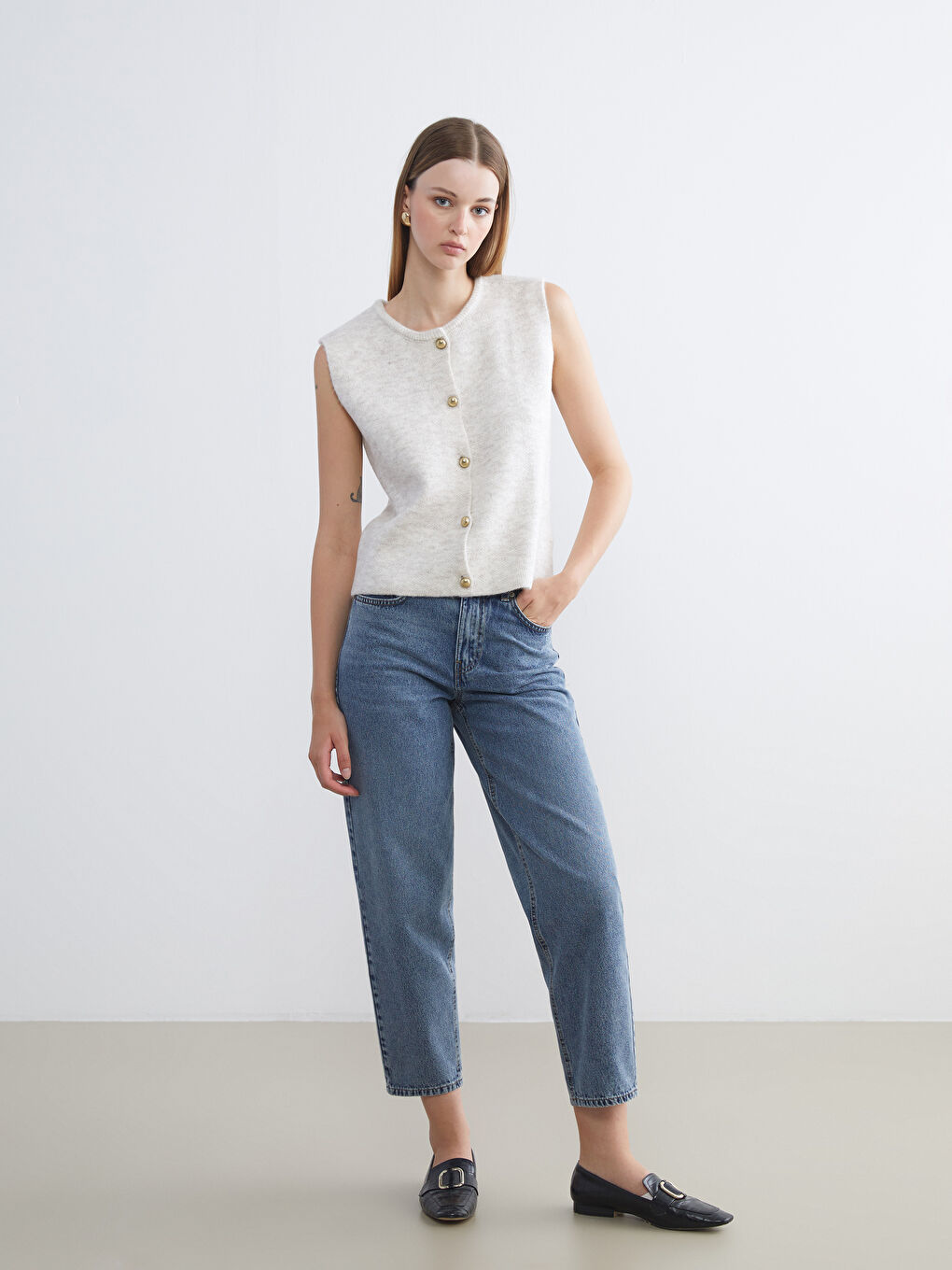 Ekru Bisiklet Yaka Kadın Triko Yelek-1