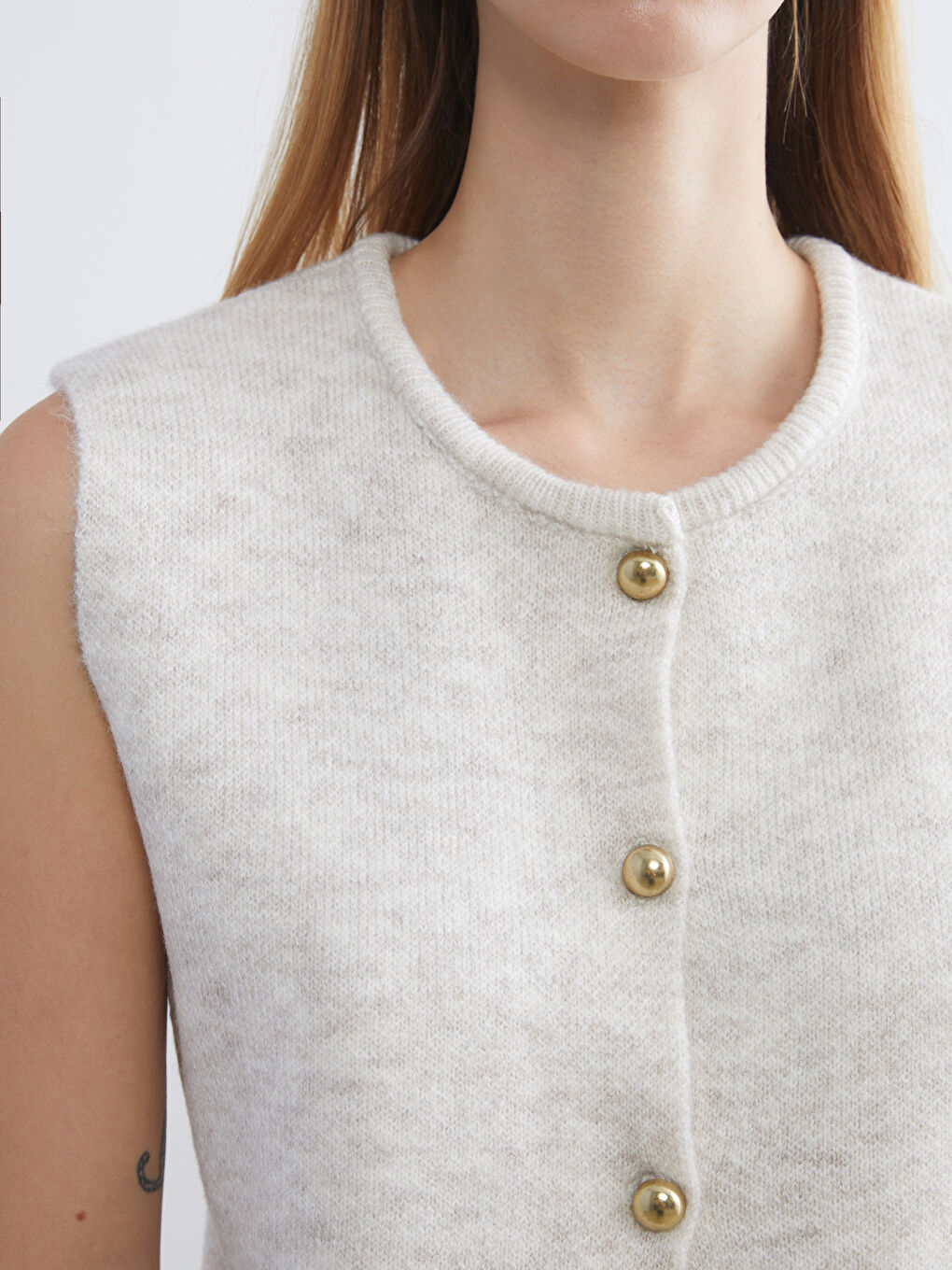 Ekru Bisiklet Yaka Kadın Triko Yelek-2