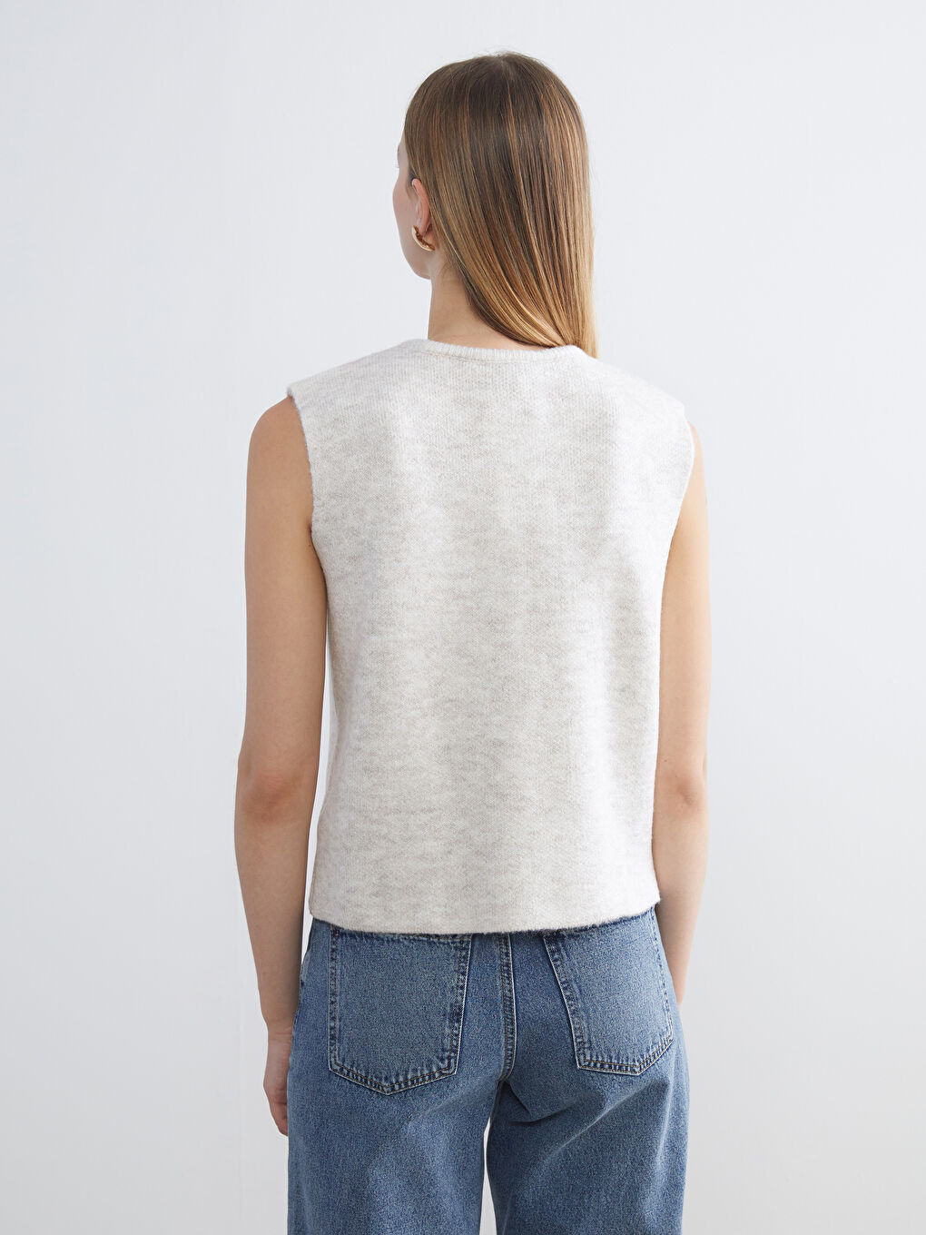 Ekru Bisiklet Yaka Kadın Triko Yelek-3