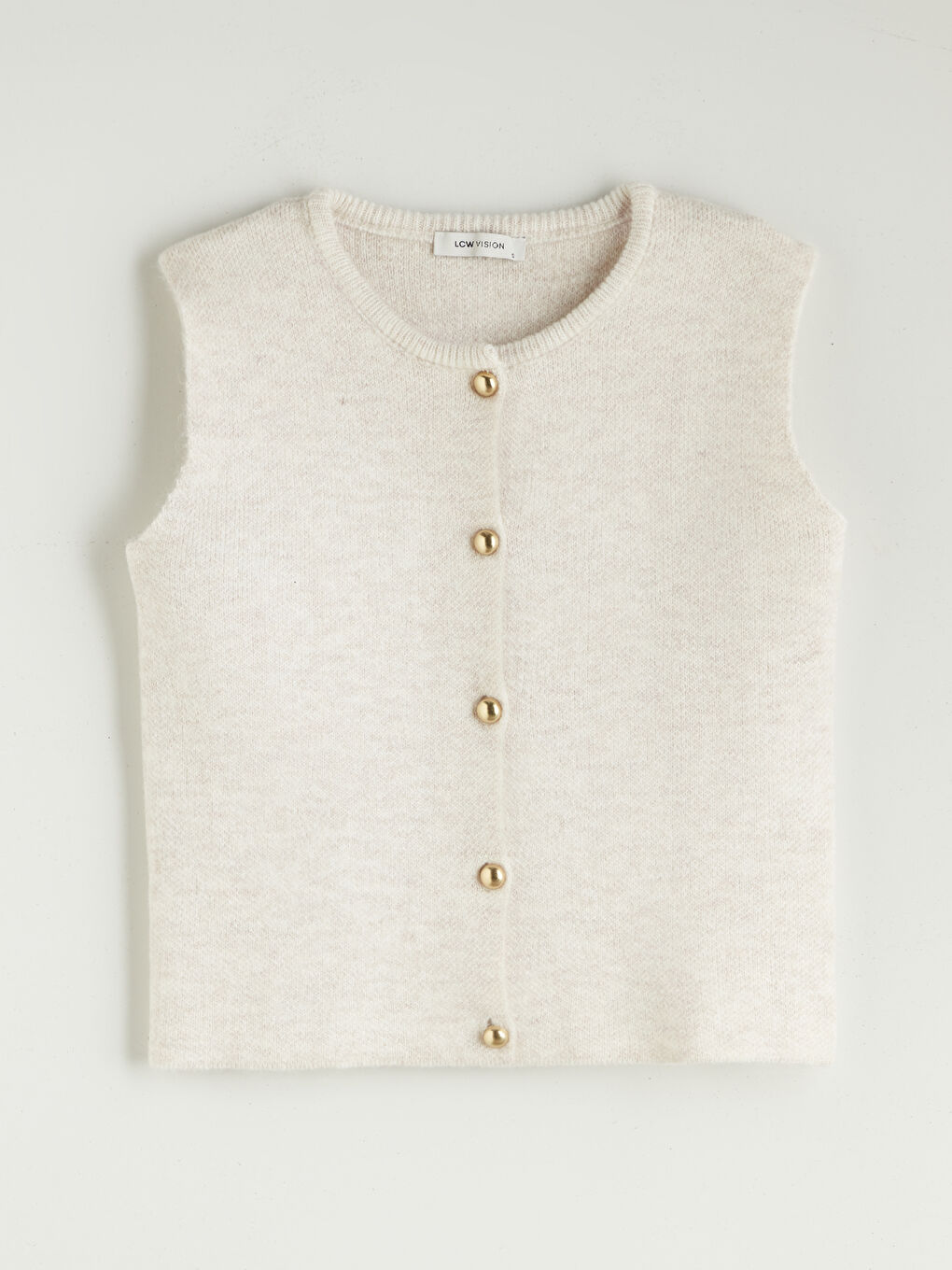 Ekru Bisiklet Yaka Kadın Triko Yelek-4