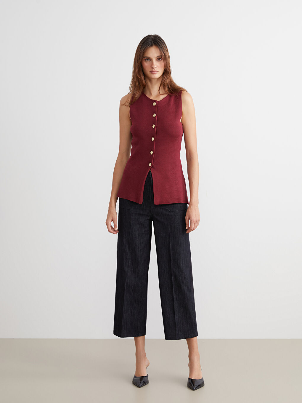 Bordo Bisiklet Yaka Kadın Triko Yelek-1