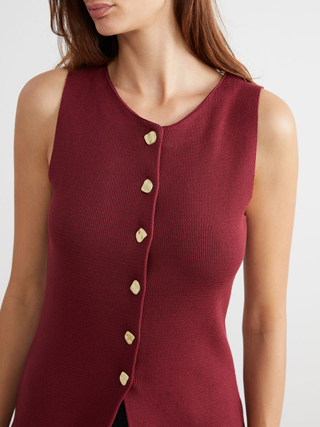 Bordo Bisiklet Yaka Kadın Triko Yelek-2