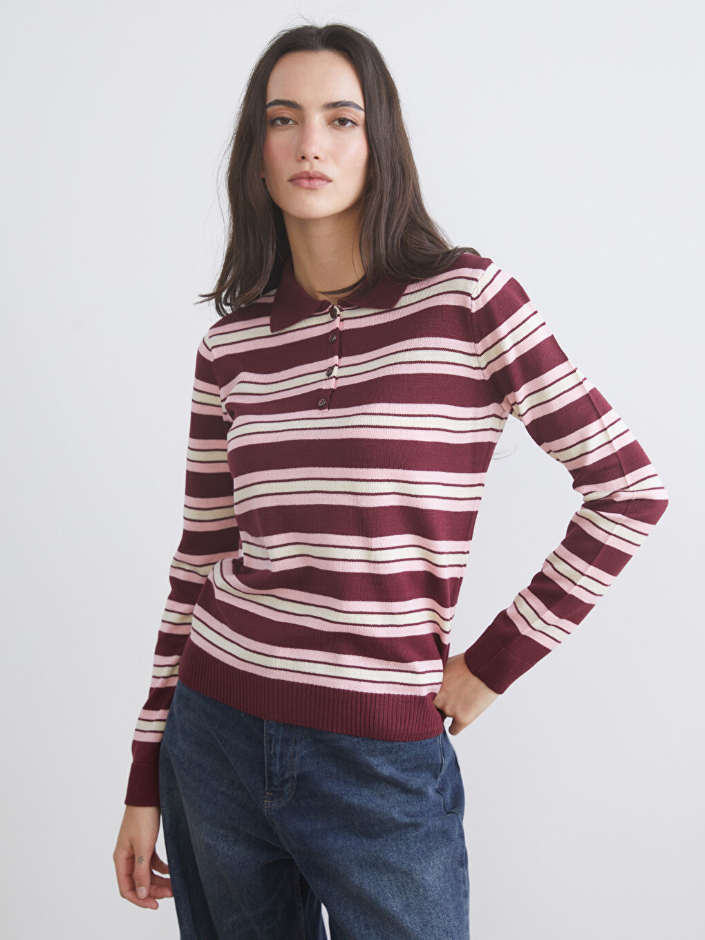 Bordo Polo Yaka Çizgili Kadın Triko Kazak