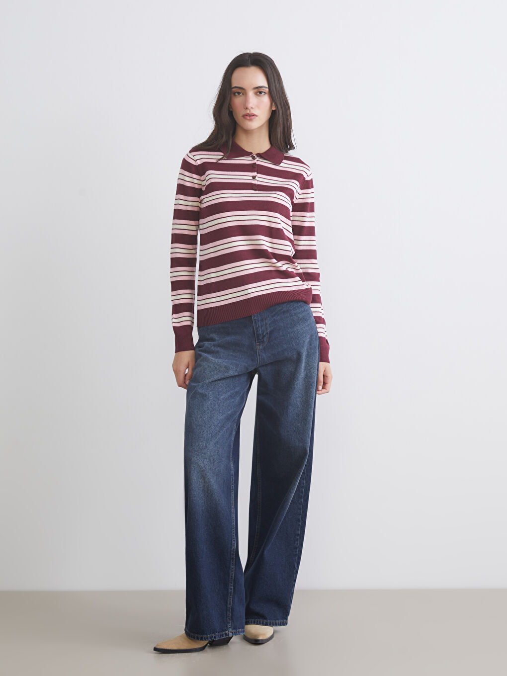 Bordo Polo Yaka Çizgili Kadın Triko Kazak-1