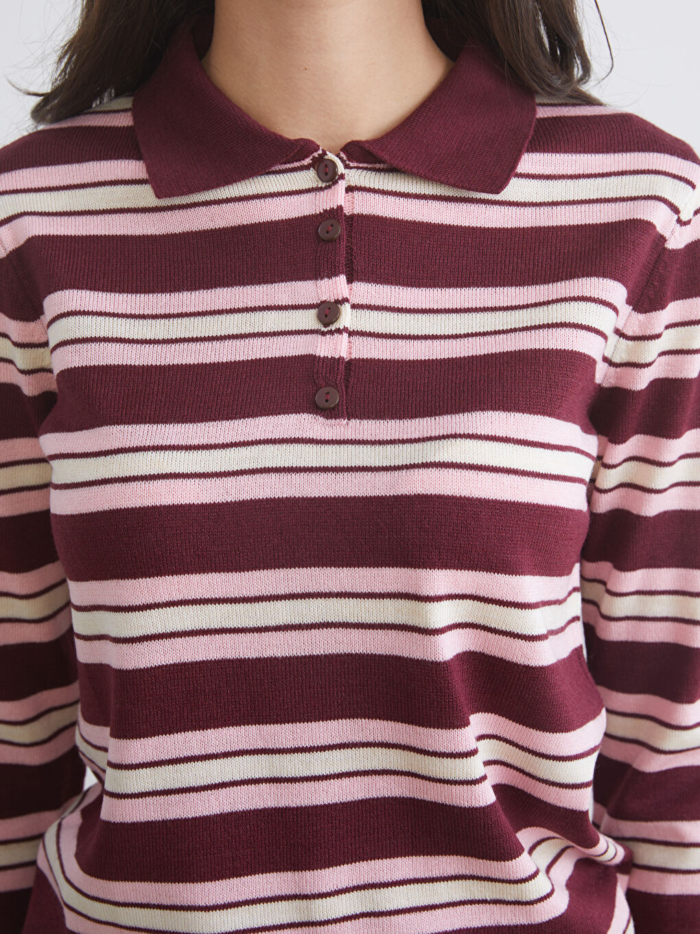 Bordo Polo Yaka Çizgili Kadın Triko Kazak-2