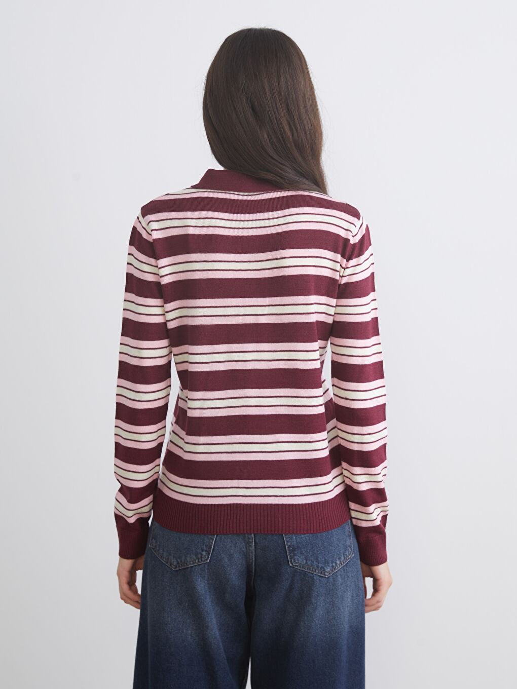 Bordo Polo Yaka Çizgili Kadın Triko Kazak-3