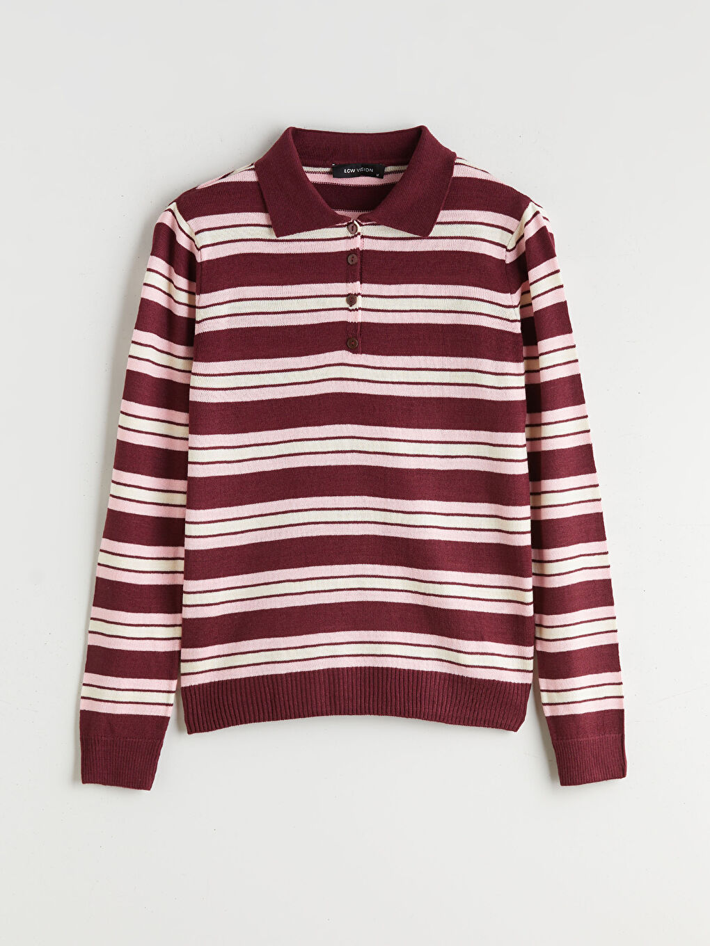 Bordo Polo Yaka Çizgili Kadın Triko Kazak-4