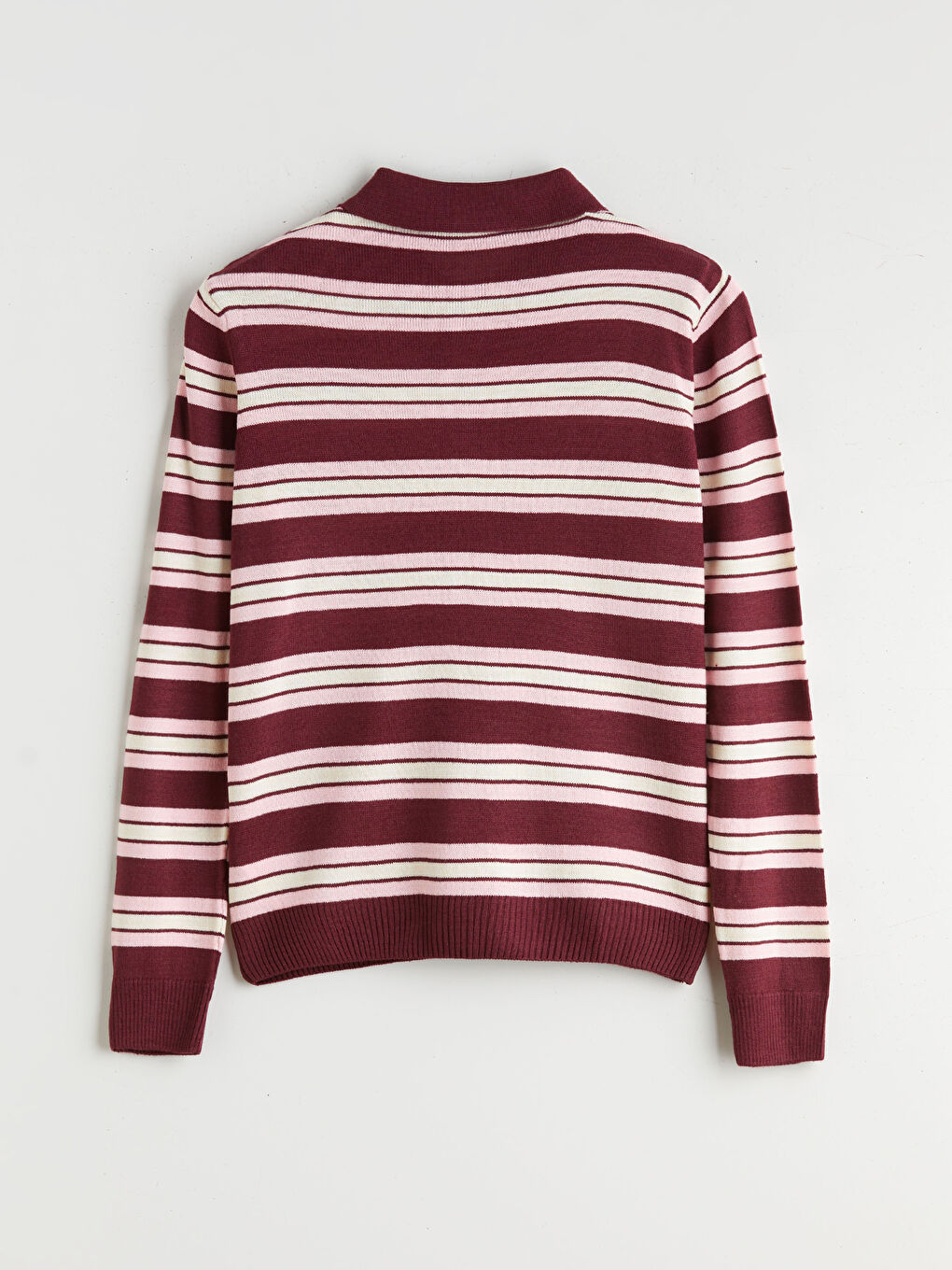 Bordo Polo Yaka Çizgili Kadın Triko Kazak-5