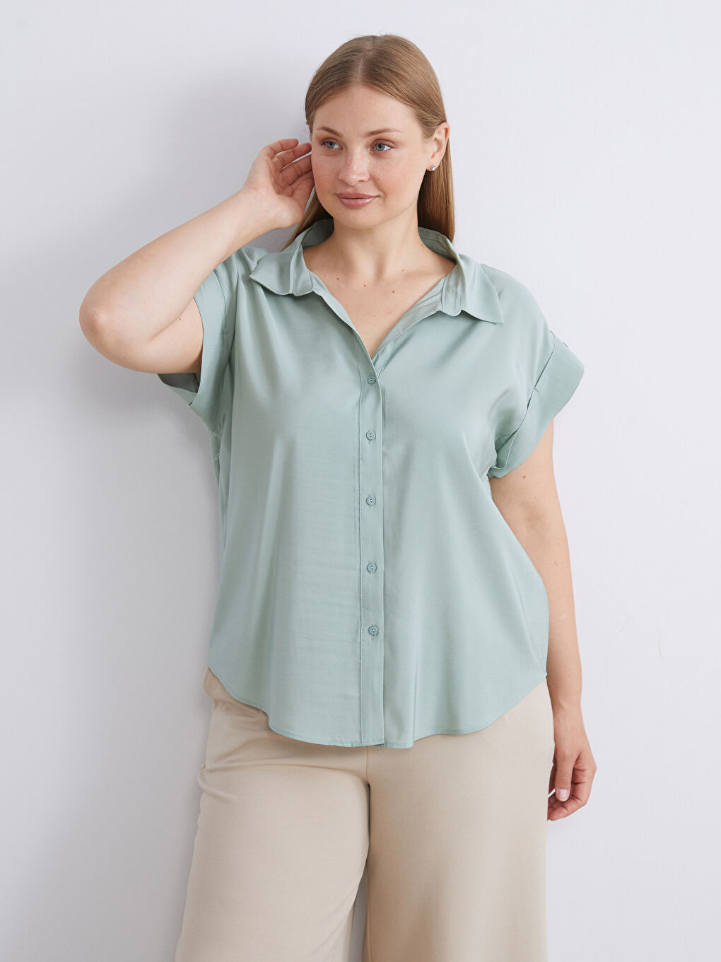 Yeşil Loose Fit Kadın Gömlek-1