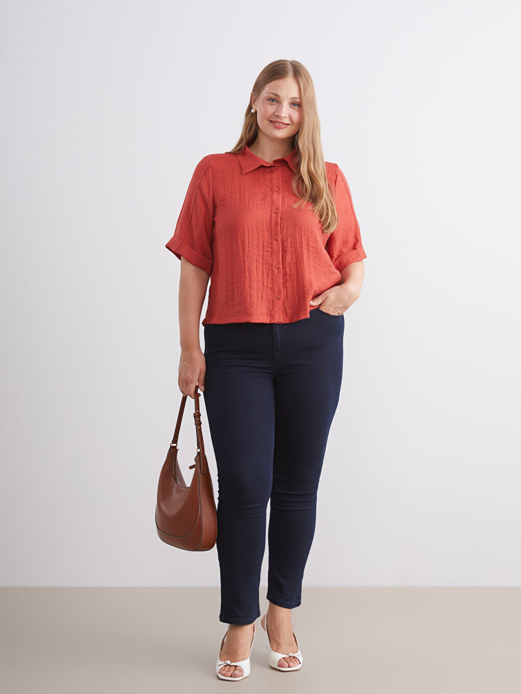 Turuncu Dokulu Kadın Gömlek-1