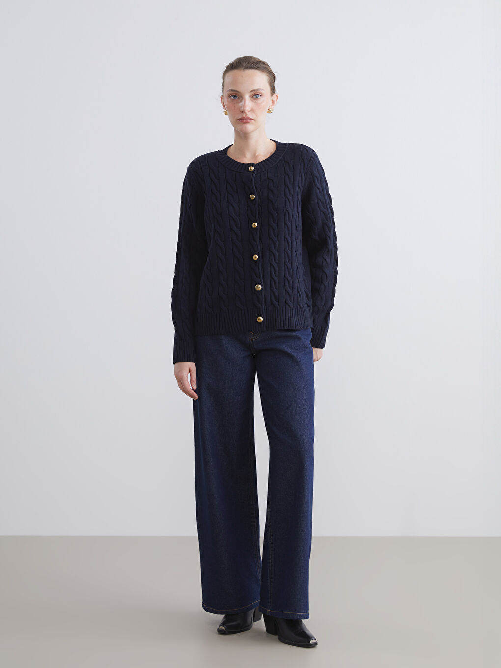 Lacivert Bisiklet Yaka Kendinden Desenli Kadın Triko Hırka-1