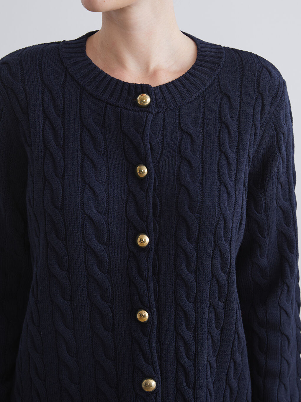 Lacivert Bisiklet Yaka Kendinden Desenli Kadın Triko Hırka-2