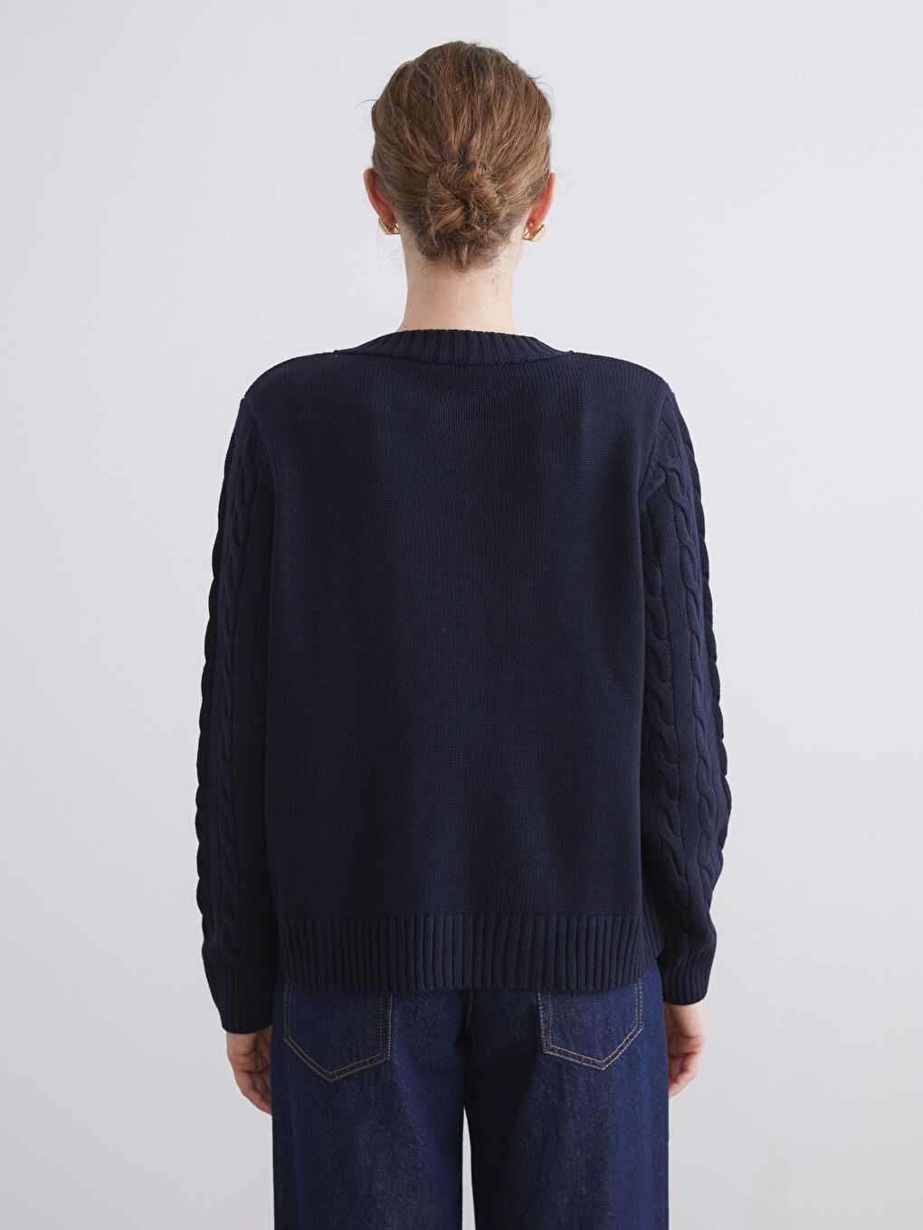 Lacivert Bisiklet Yaka Kendinden Desenli Kadın Triko Hırka-3