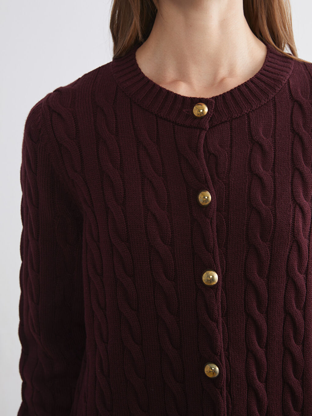 Bordo Bisiklet Yaka Kendinden Desenli Kadın Triko Hırka-2