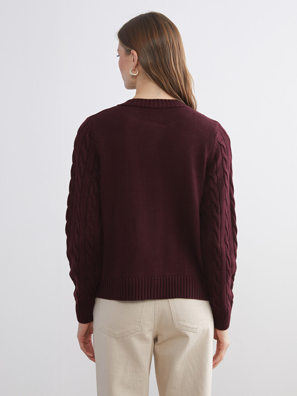 Bordo Bisiklet Yaka Kendinden Desenli Kadın Triko Hırka-3