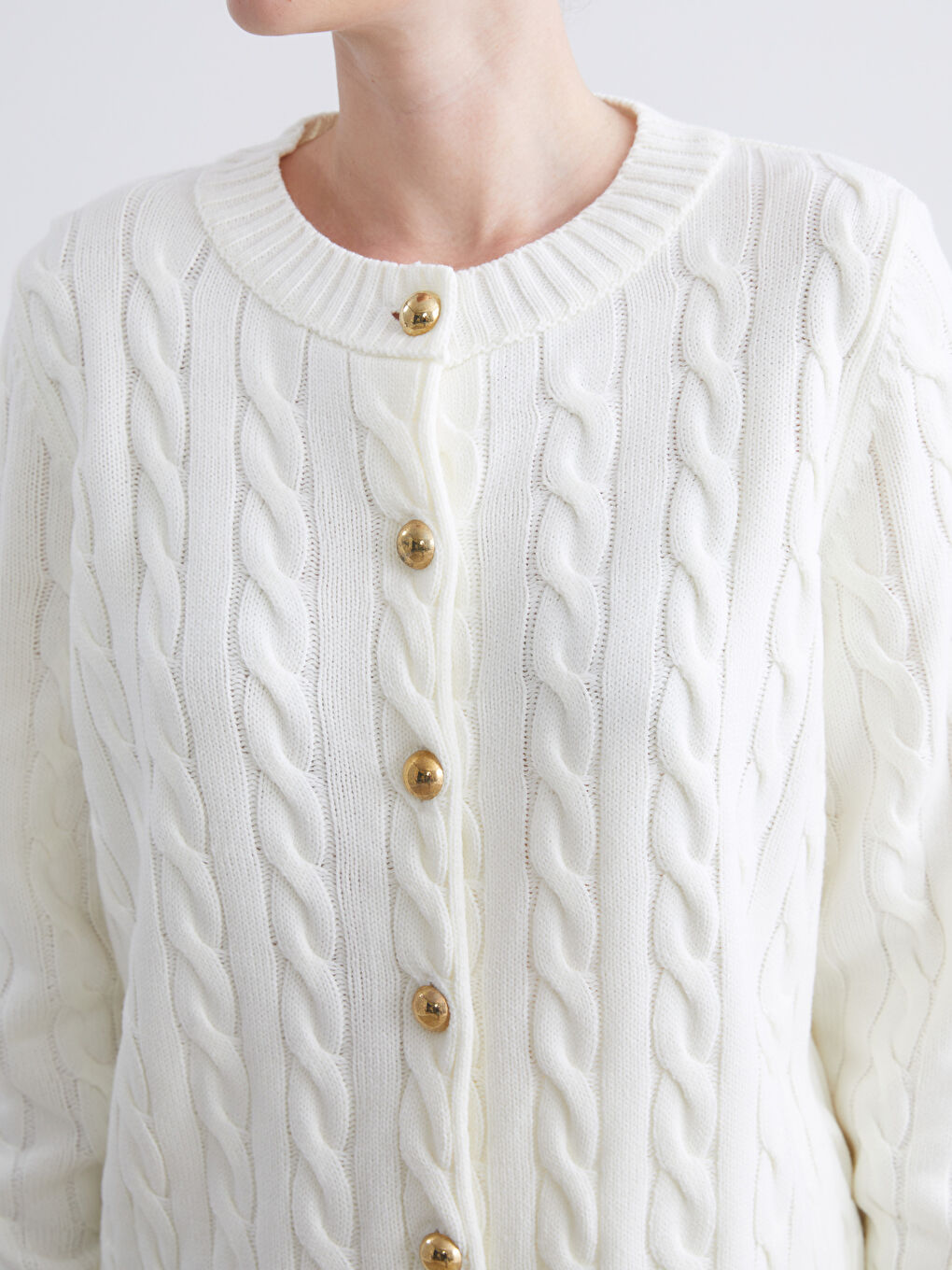 Ekru Bisiklet Yaka Kendinden Desenli Kadın Triko Hırka-2