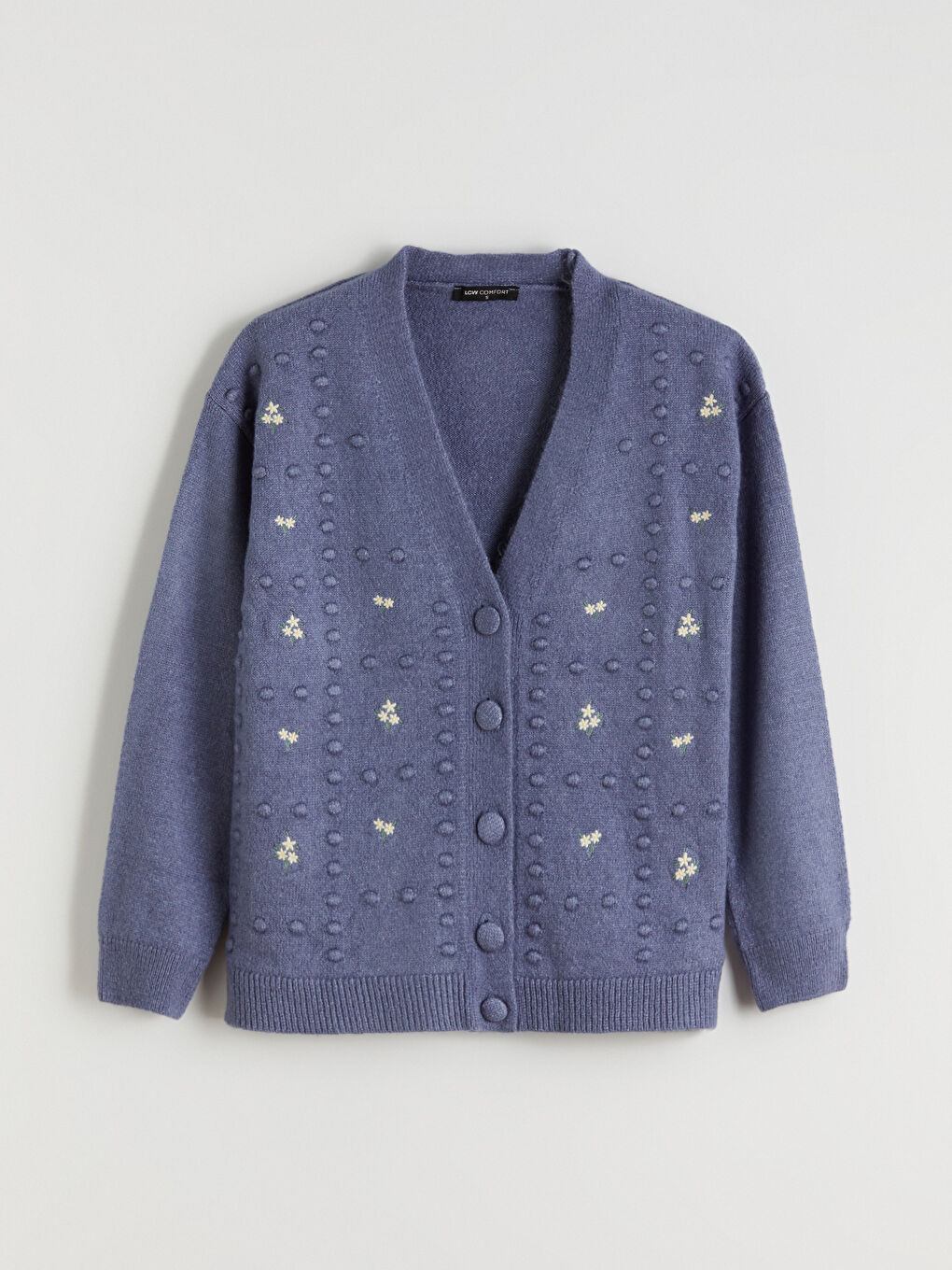 Mavi V Yaka Çiçek Nakışlı Kadın Triko Hırka-4