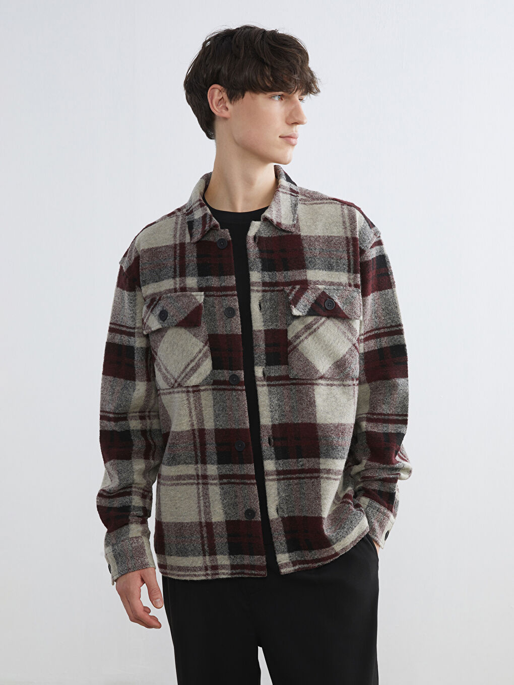 Bordo Rahat Kalıp Ekose Erkek Gömlek Ceket