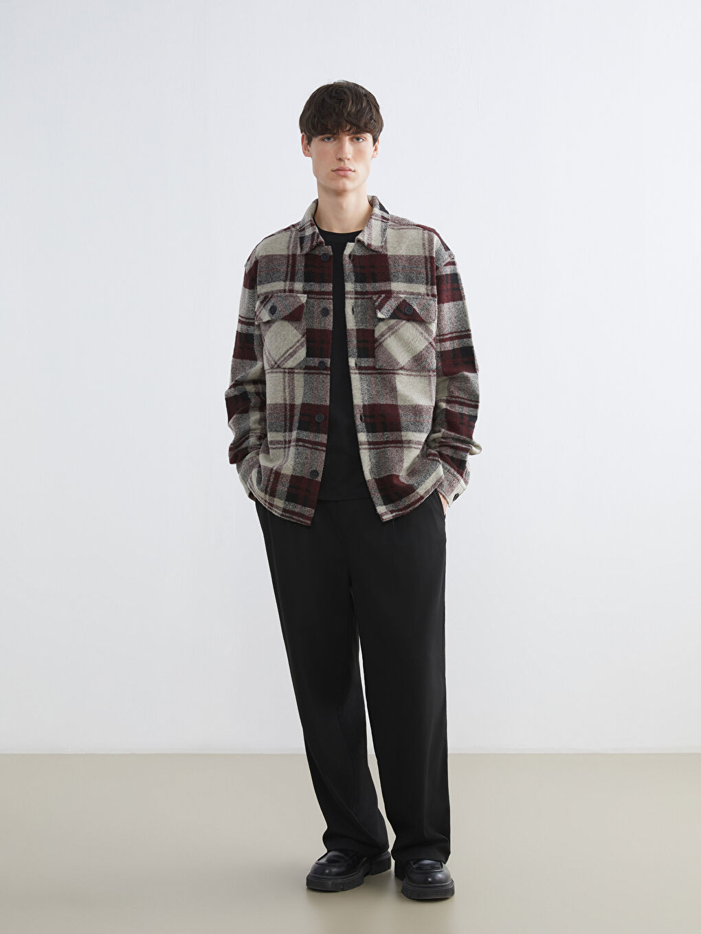 Bordo Rahat Kalıp Ekose Erkek Gömlek Ceket-1