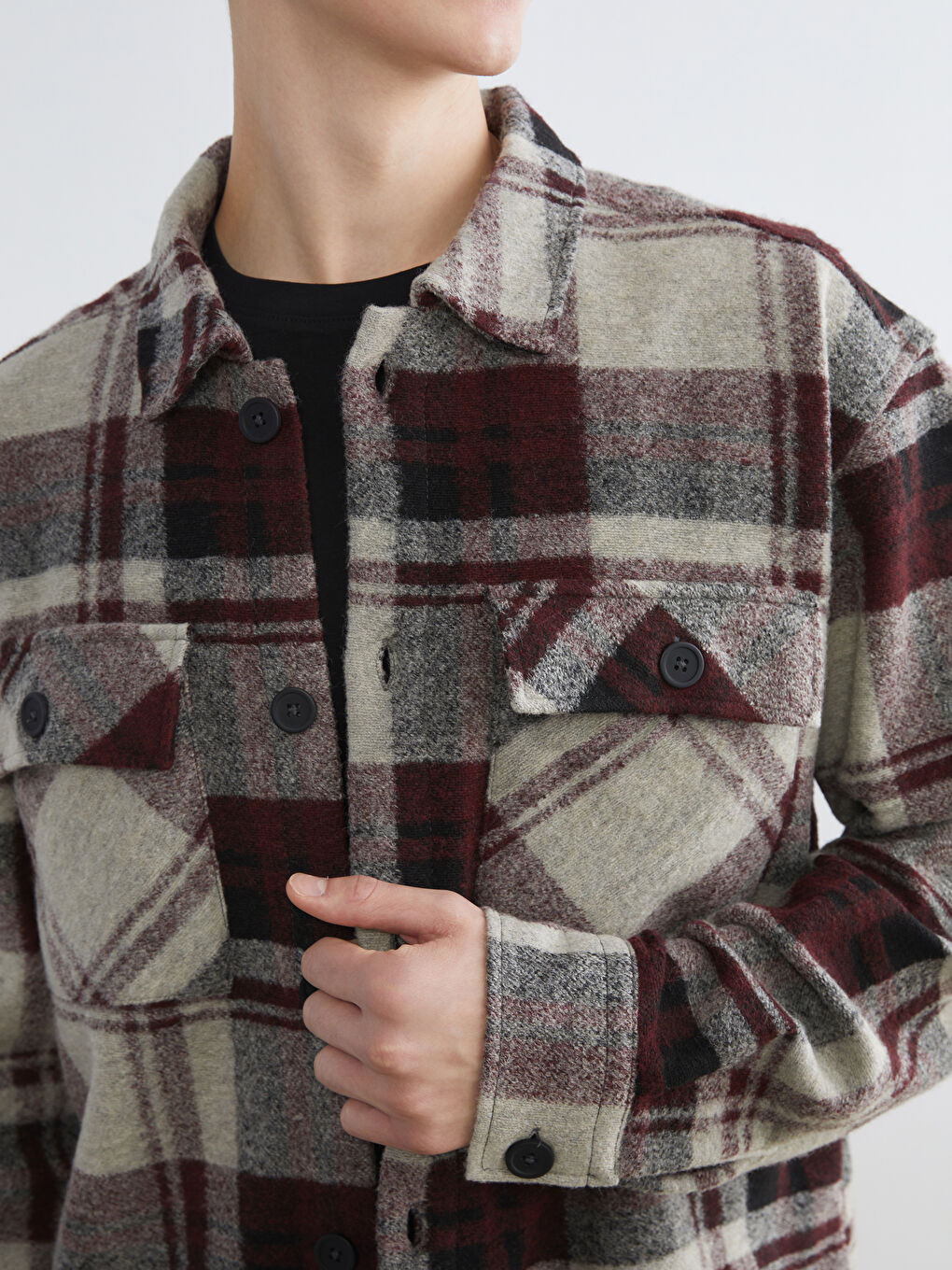 Bordo Rahat Kalıp Ekose Erkek Gömlek Ceket-2