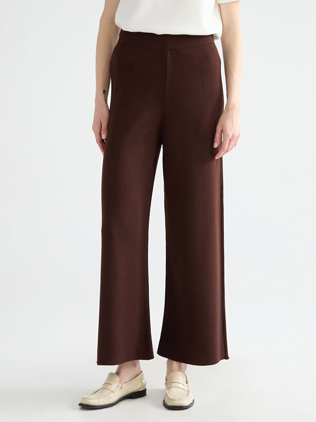 Kahverengi Beli Lastikli Kadın Triko Pantolon-1