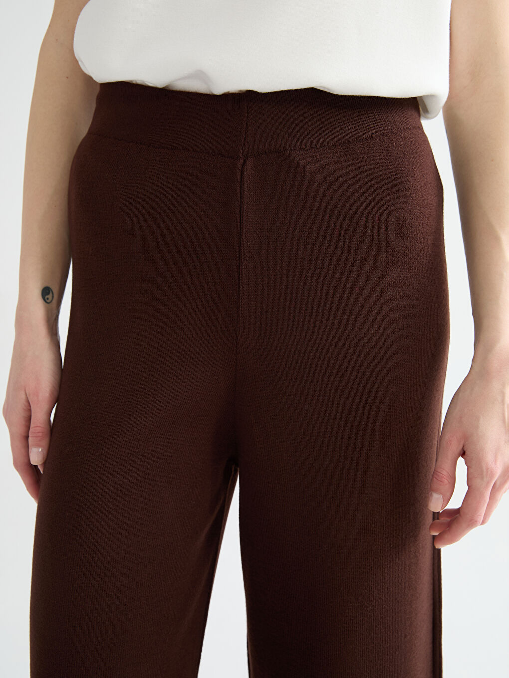 Kahverengi Beli Lastikli Kadın Triko Pantolon-2