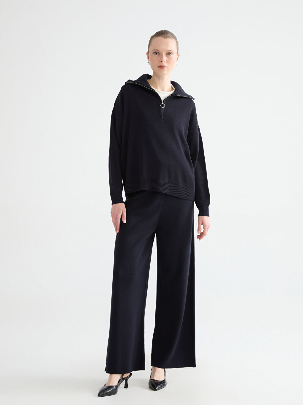 Lacivert Beli Lastikli Kadın Triko Pantolon-1