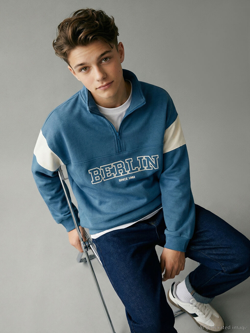 Mavi Dik Yaka Berlin Baskılı Erkek Çocuk Kalın Sweatshirt