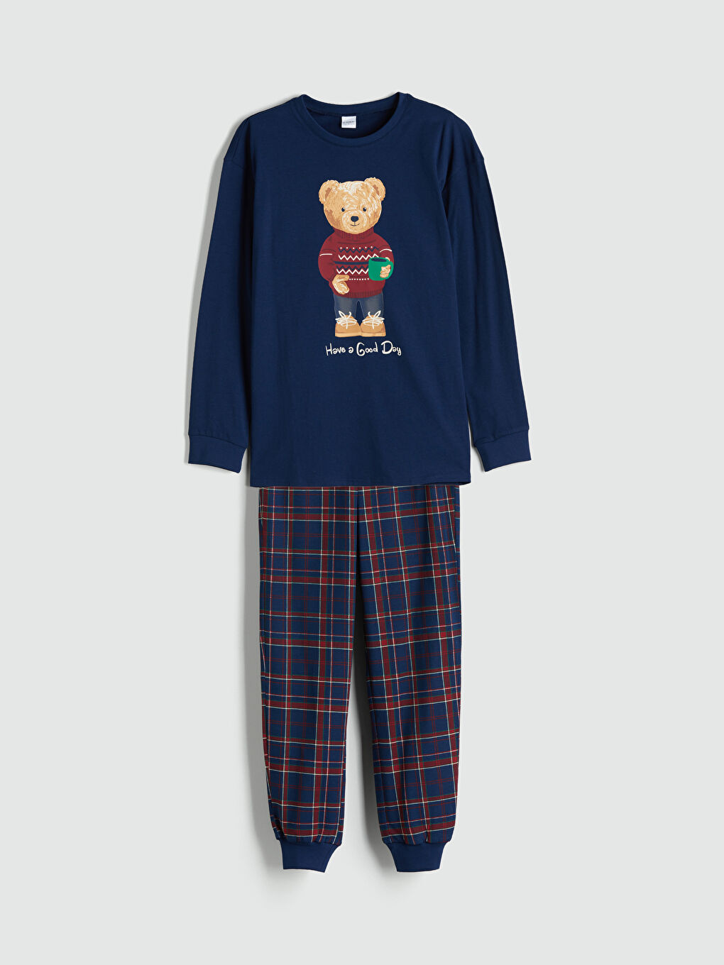 Crew Neck Teddy Bear Print Boy’S Pyjama Set