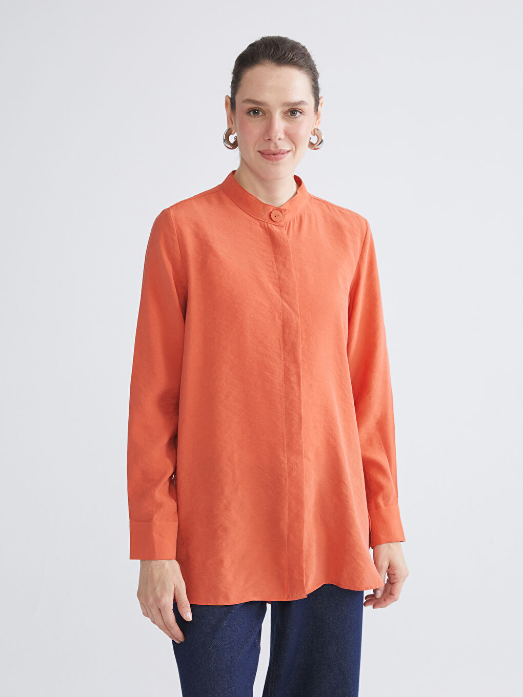 Turuncu Oversize Modal Karışımlı Kadın Gömlek Tunik