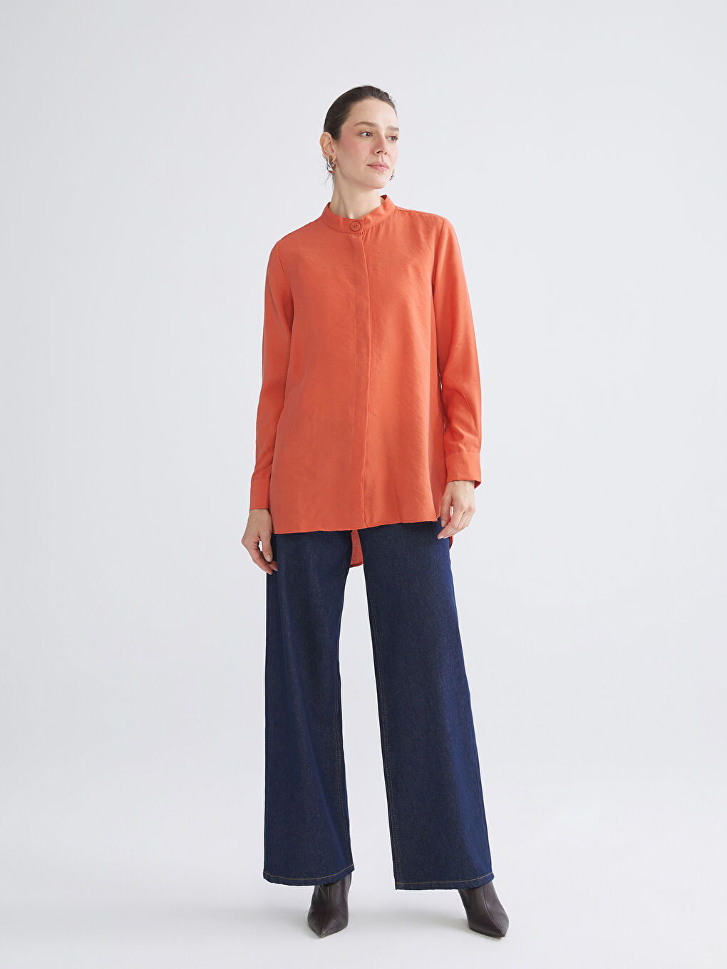 Turuncu Oversize Modal Karışımlı Kadın Gömlek Tunik-1