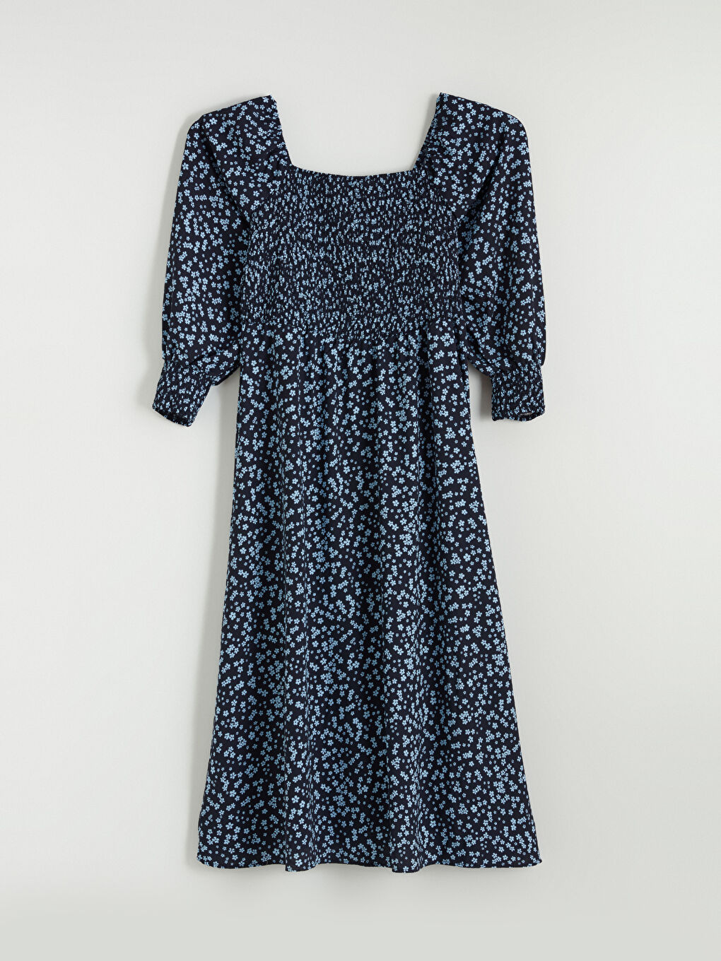 Mavi Kare Yaka Çiçekli Elbise-4