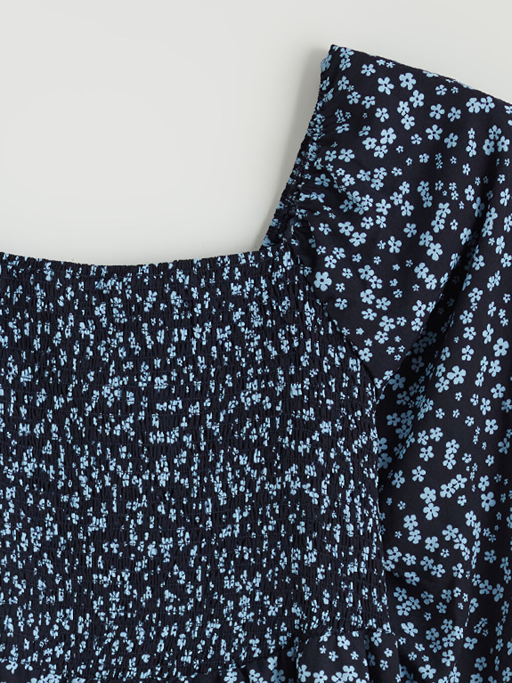 Mavi Kare Yaka Çiçekli Elbise-5