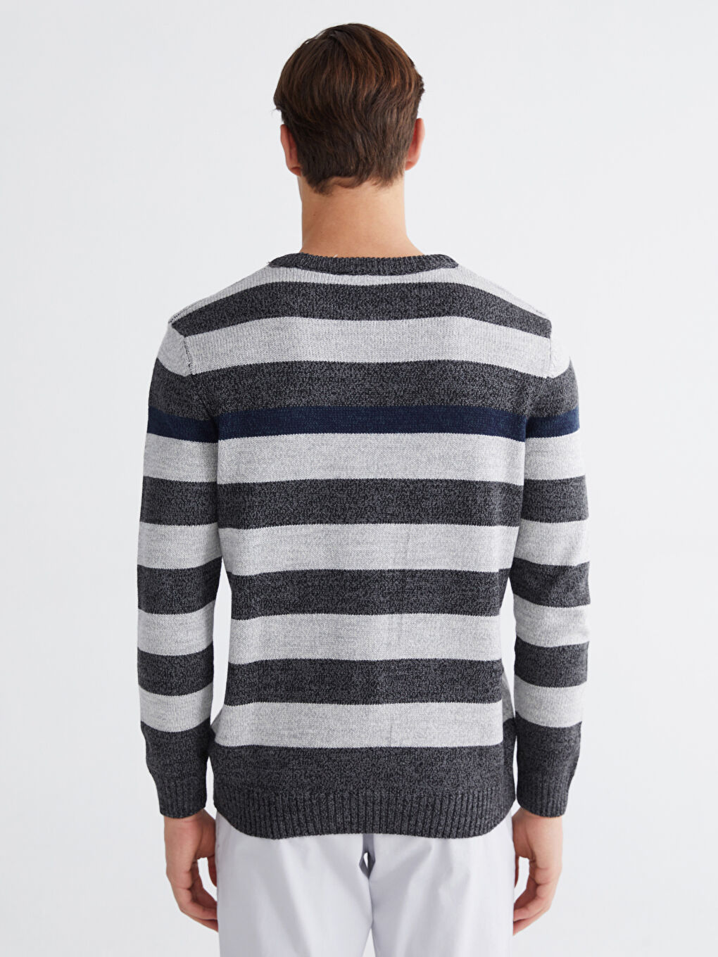 Gri Bisiklet Yaka Çizgili Erkek Triko Kazak-3