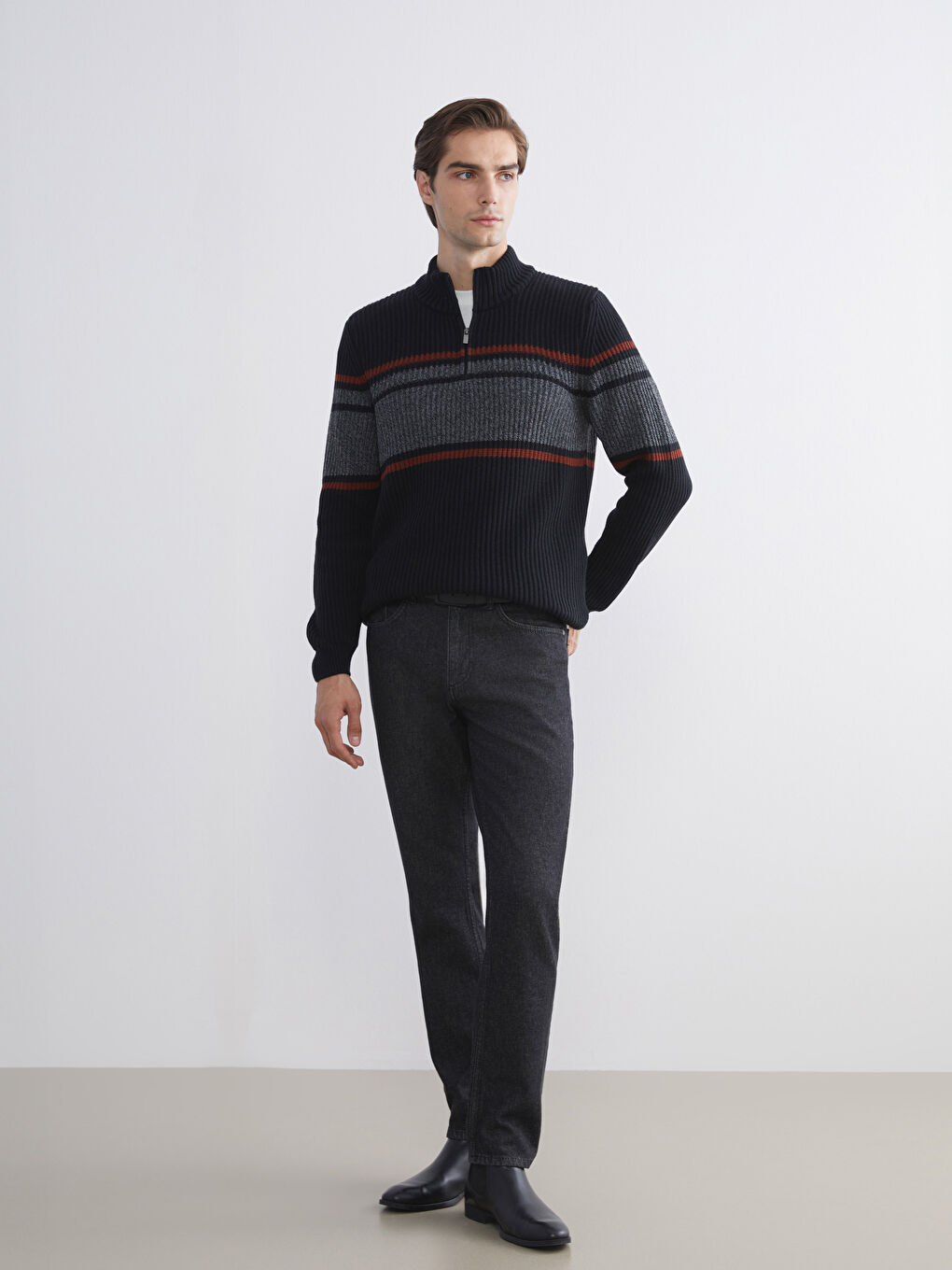 Lacivert Dik Yaka Uzun Kollu Çizgili Erkek Triko Kazak-1