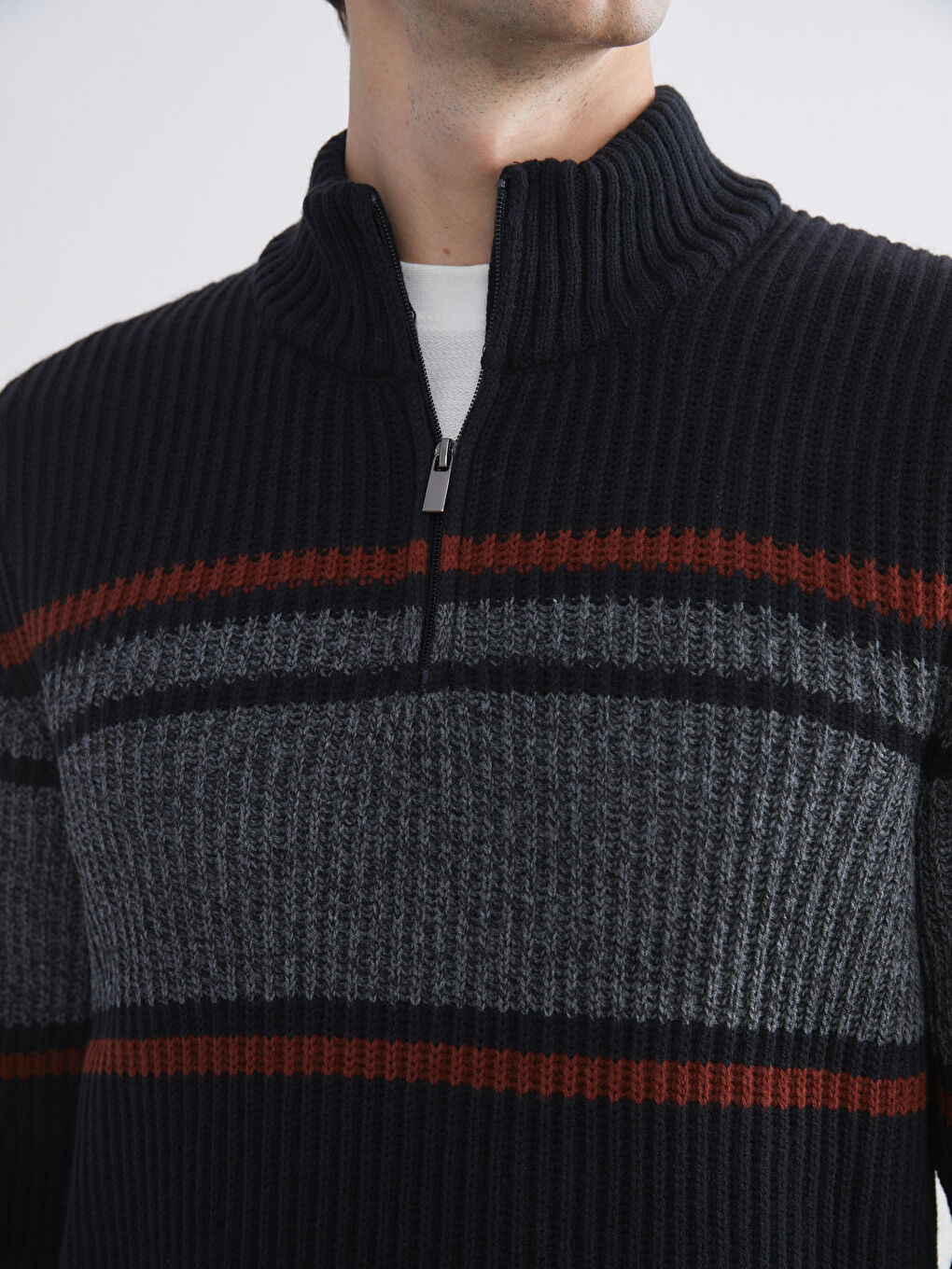 Lacivert Dik Yaka Uzun Kollu Çizgili Erkek Triko Kazak-2