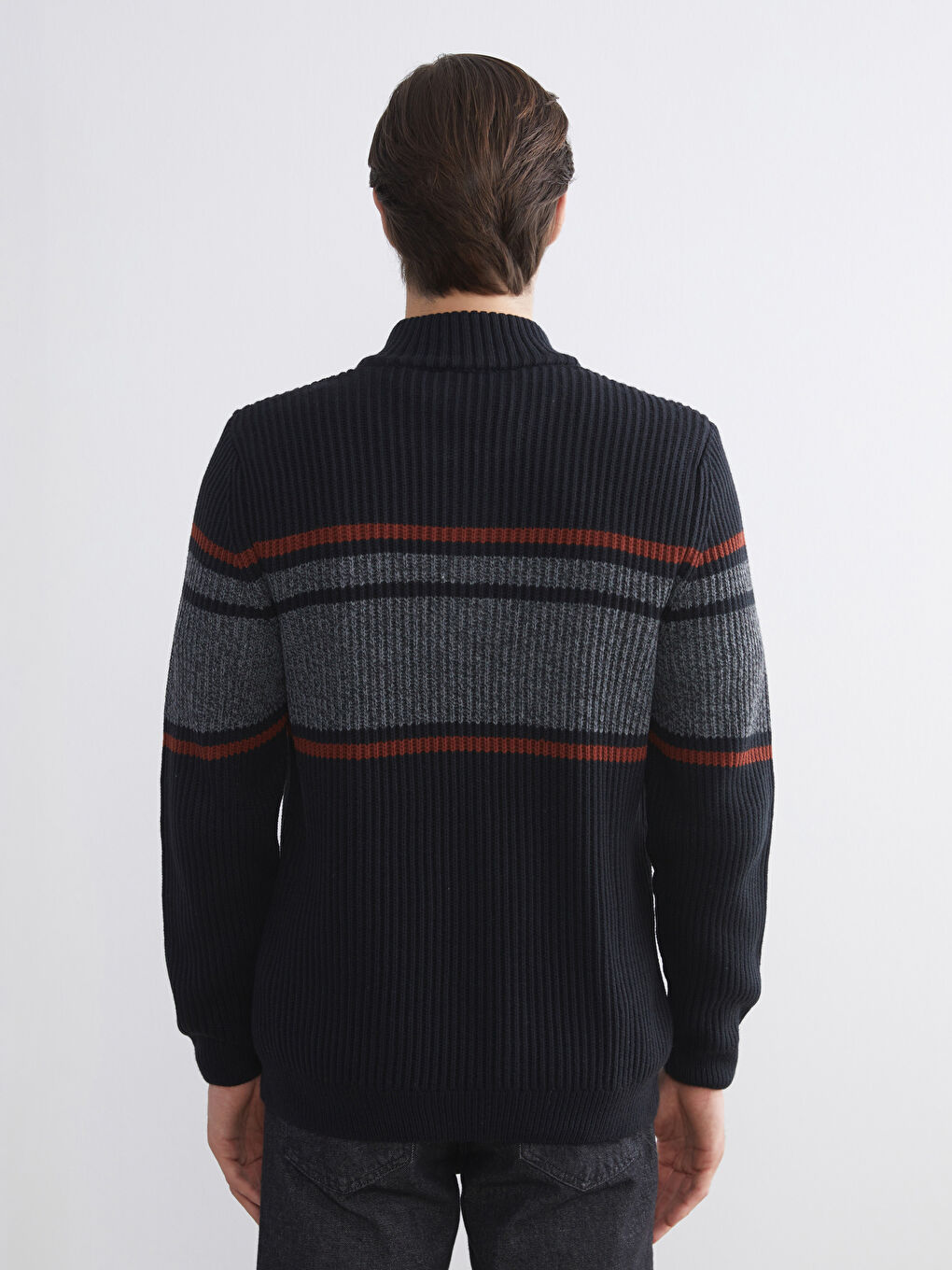 Lacivert Dik Yaka Uzun Kollu Çizgili Erkek Triko Kazak-3