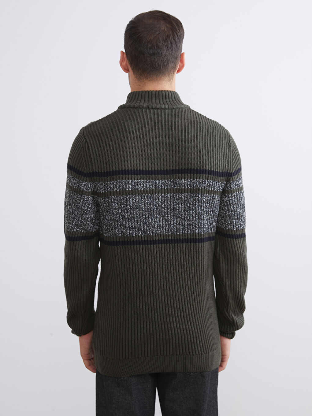 Haki Dik Yaka Uzun Kollu Çizgili Erkek Triko Kazak-3