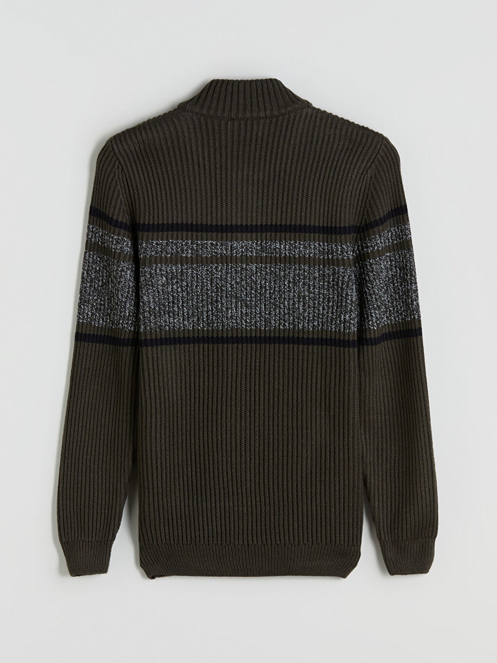 Haki Dik Yaka Uzun Kollu Çizgili Erkek Triko Kazak-5