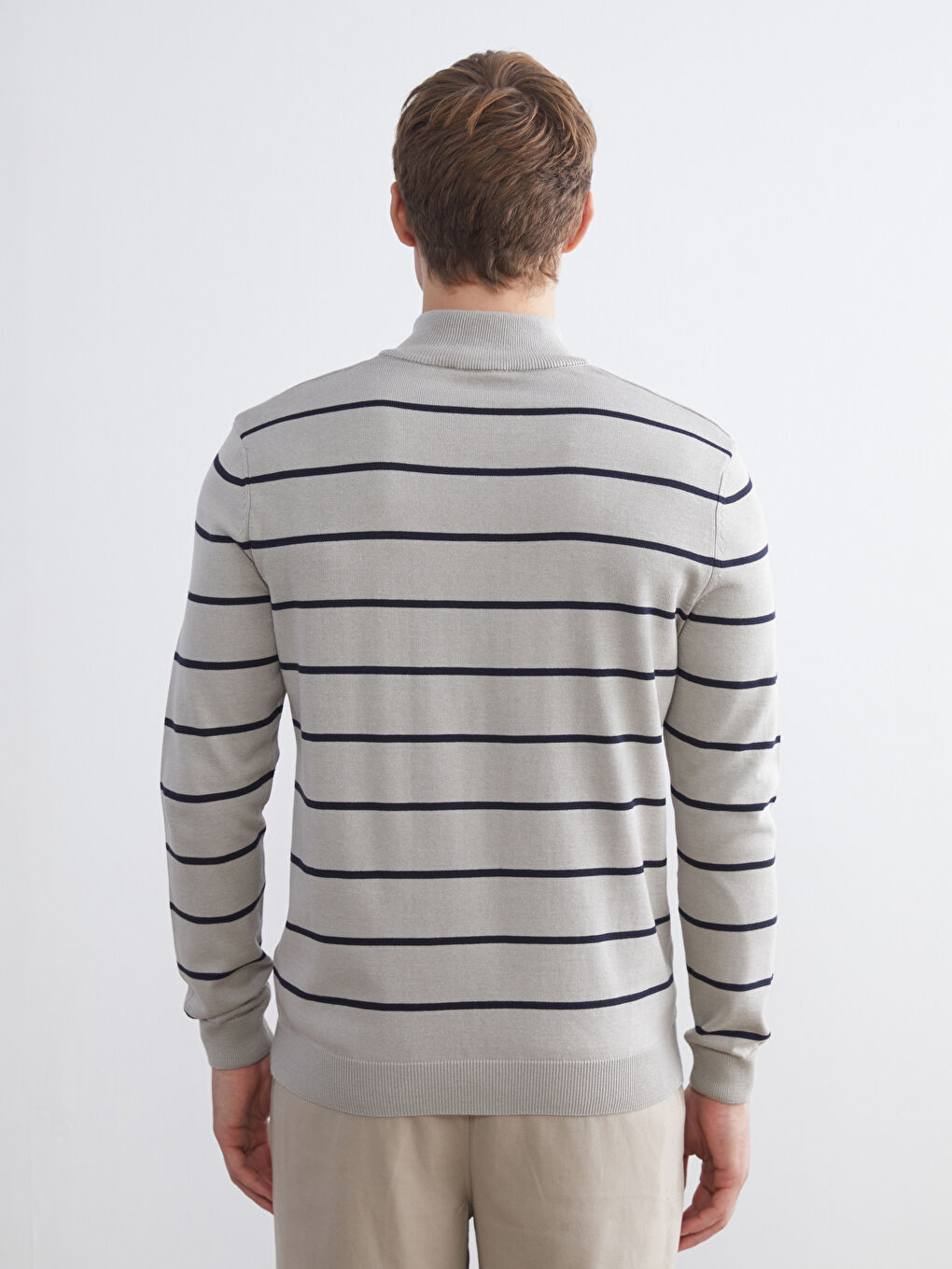 Bej Dik Yaka Çizgili Erkek Triko Kazak-3