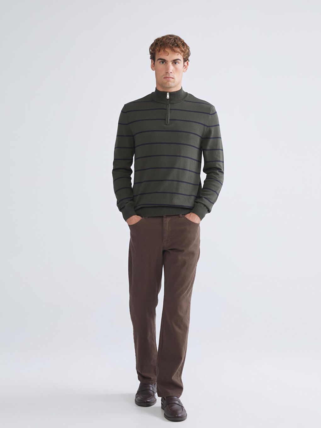 Haki Dik Yaka Çizgili Erkek Triko Kazak-1