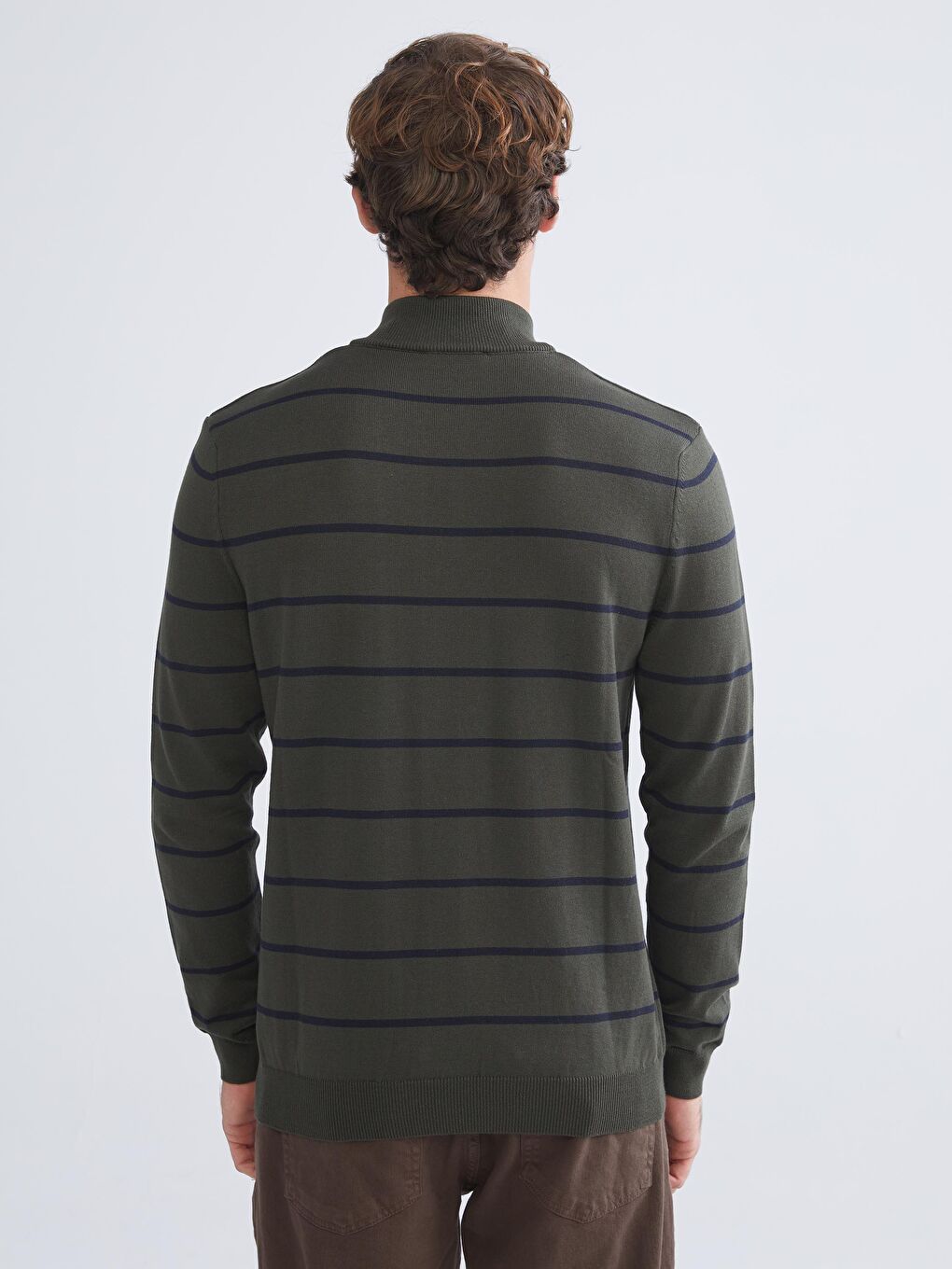 Haki Dik Yaka Çizgili Erkek Triko Kazak-3