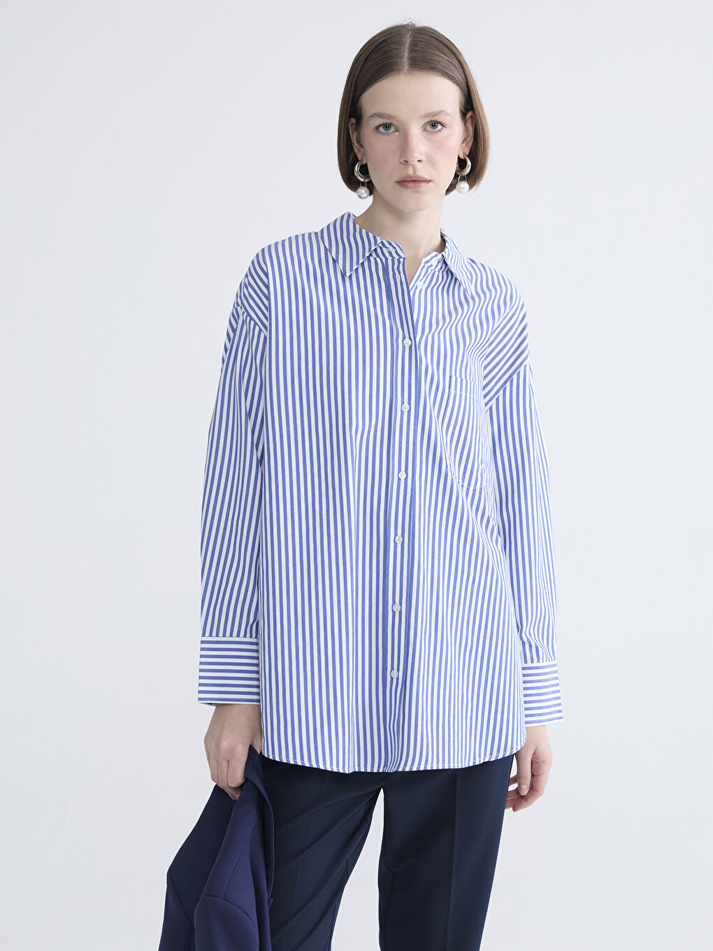 Mavi Çizgili Oversize Poplin Kadın Gömlek