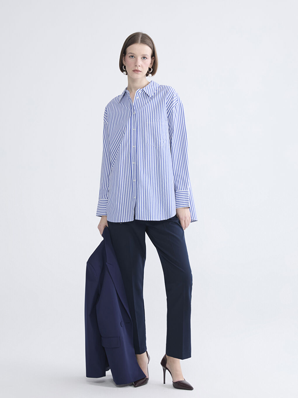 Mavi Çizgili Oversize Poplin Kadın Gömlek-1