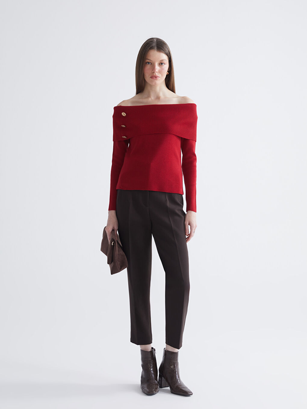 Kırmızı Kayık Yaka Kadın Triko Kazak-1