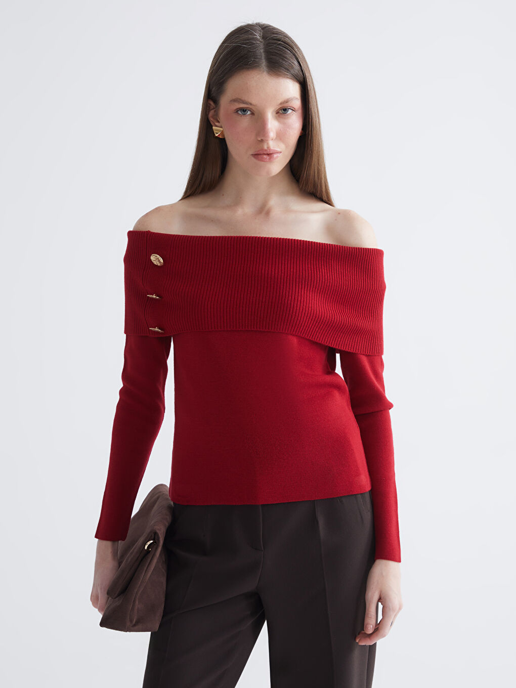 Kırmızı Kayık Yaka Kadın Triko Kazak-2