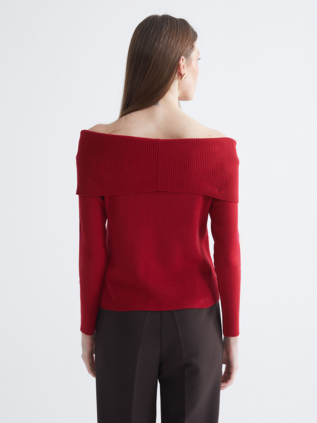 Kırmızı Kayık Yaka Kadın Triko Kazak-3