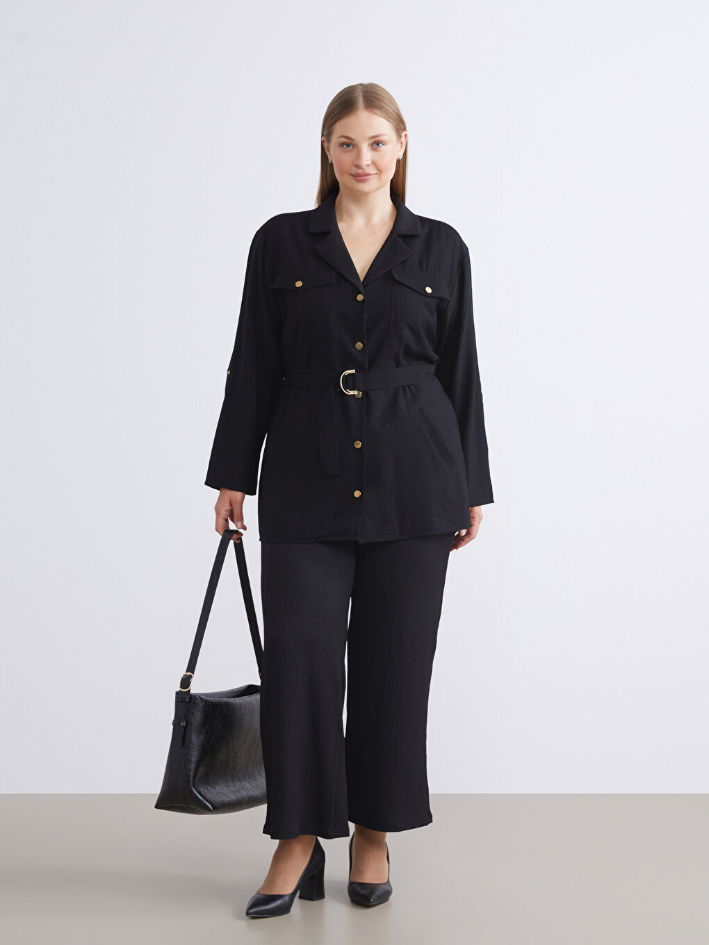Elasticated Waist Textured Wide Leg Women's Trousers-1
