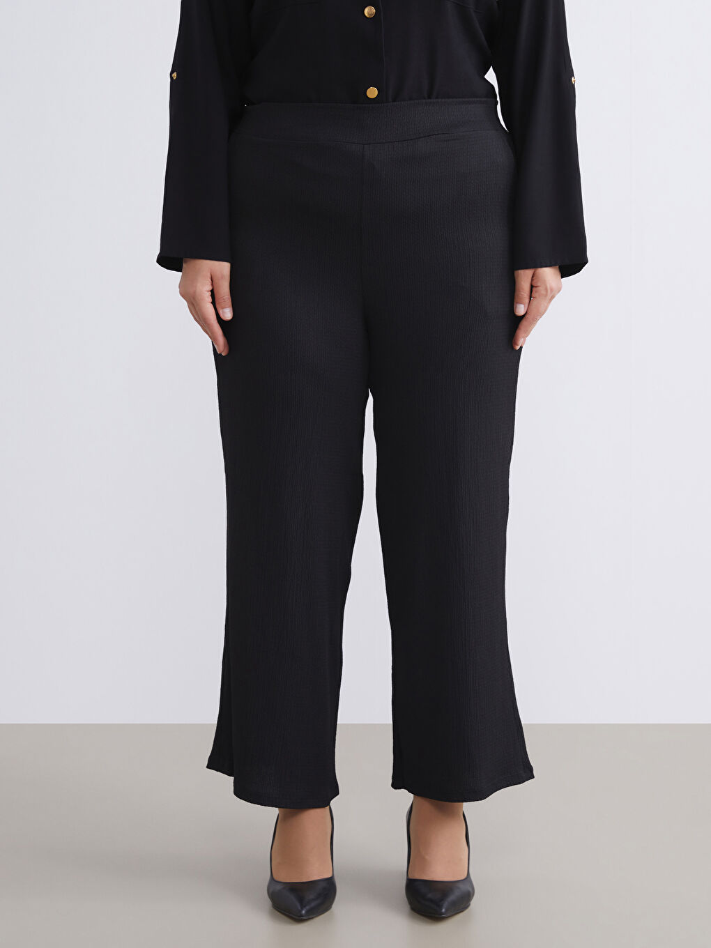 Elasticated Waist Textured Wide Leg Women's Trousers-5