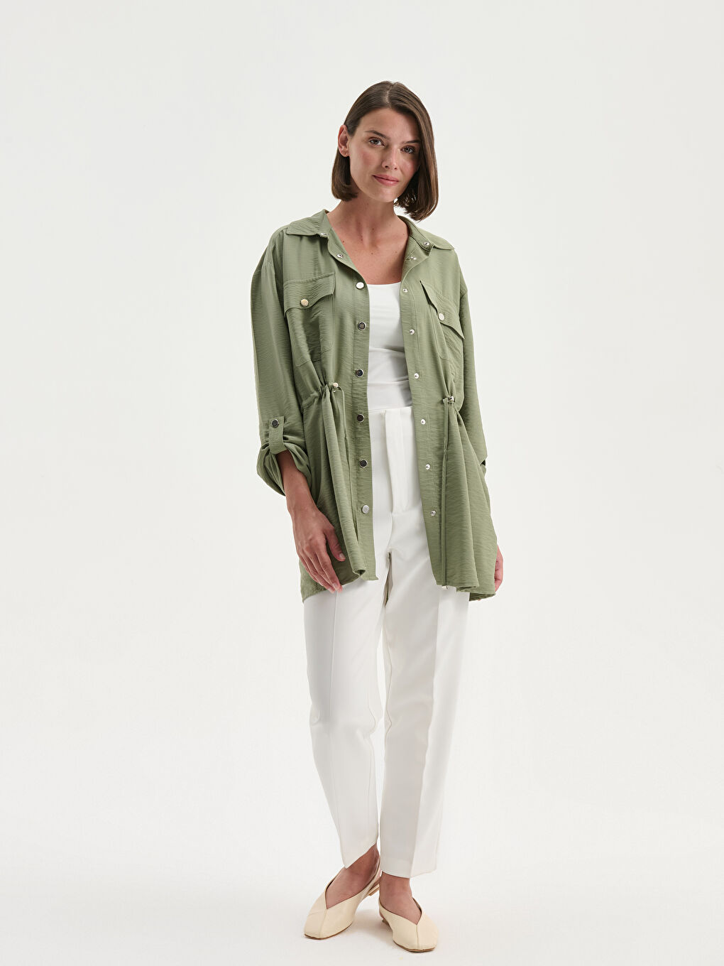 Haki Gömlek Yaka Büzgülü Kadın Ceket-2